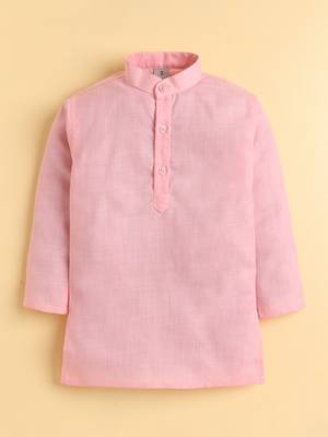 Boys pink cotton blend kurta pyjama set with jacquard leaf pattern waistcoat 5