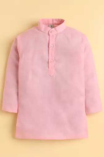 Boys pink cotton blend kurta pyjama set with jacquard leaf pattern waistcoat