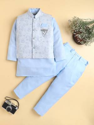 Boys sky blue cotton blend kurta pyjama set with jacquard leaf pattern waistcoat 1