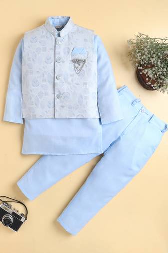 Boys sky blue cotton blend kurta pyjama set with jacquard leaf pattern waistcoat