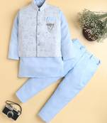 Boys sky blue cotton blend kurta pyjama set with jacquard leaf pattern waistcoat