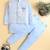 Boys sky blue cotton blend kurta pyjama set with jacquard leaf pattern waistcoat