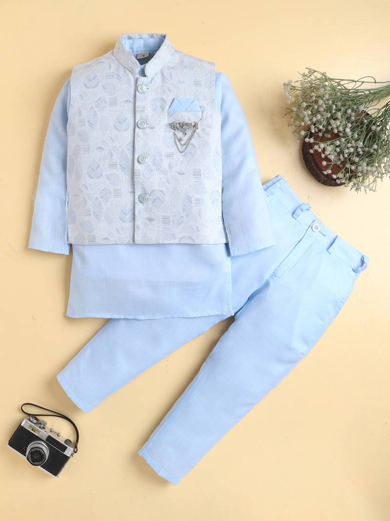 Boys sky blue cotton blend kurta pyjama set with jacquard leaf pattern waistcoat