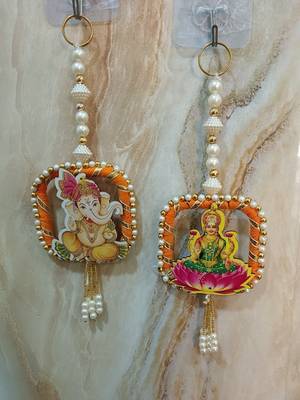decorative laxmi ganesh ji moti latkan hanging decor  handmade toran door hanging pooja decor (pack of 2) 1