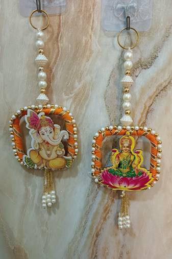 decorative laxmi ganesh ji moti latkan hanging decor  handmade toran door hanging pooja decor (pack of 2)