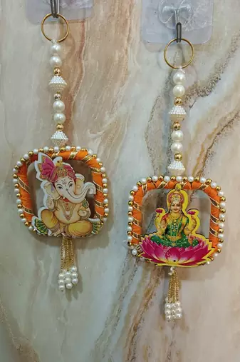 decorative laxmi ganesh ji moti latkan hanging decor  handmade toran door hanging pooja decor (pack of 2)