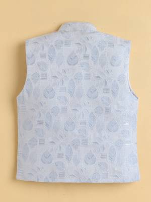 Boys sky blue cotton blend kurta pyjama set with jacquard leaf pattern waistcoat 2