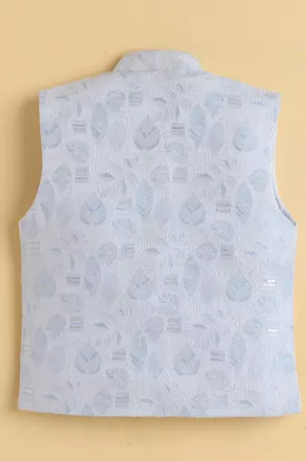 Boys sky blue cotton blend kurta pyjama set with jacquard leaf pattern waistcoat