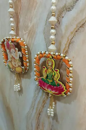 decorative laxmi ganesh ji moti latkan hanging decor  handmade toran door hanging pooja decor (pack of 2)