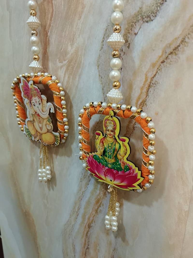 decorative laxmi ganesh ji moti latkan hanging decor  handmade toran door hanging pooja decor (pack of 2)