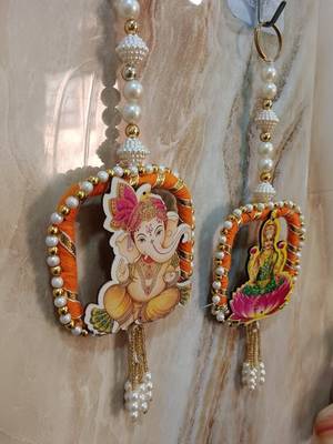 decorative laxmi ganesh ji moti latkan hanging decor  handmade toran door hanging pooja decor (pack of 2) 3