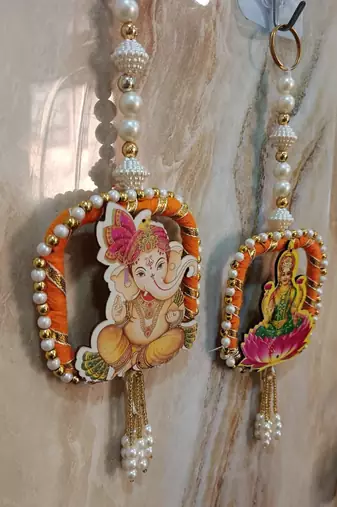 decorative laxmi ganesh ji moti latkan hanging decor  handmade toran door hanging pooja decor (pack of 2)