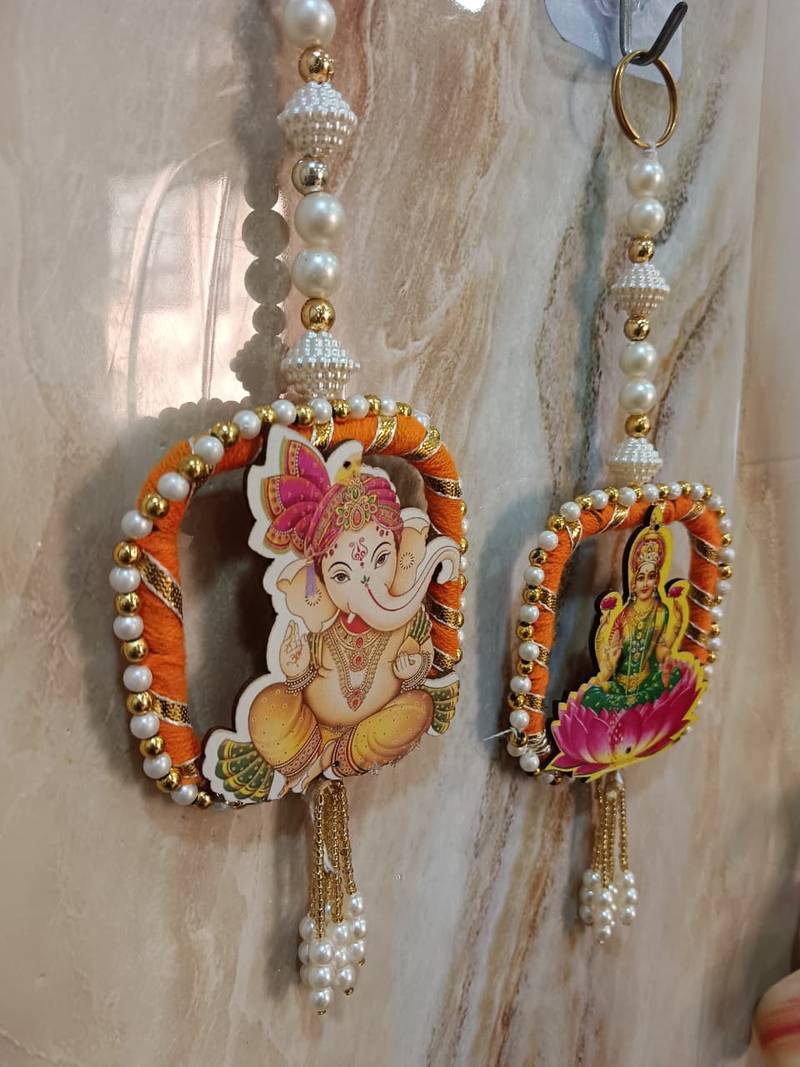 decorative laxmi ganesh ji moti latkan hanging decor  handmade toran door hanging pooja decor (pack of 2)