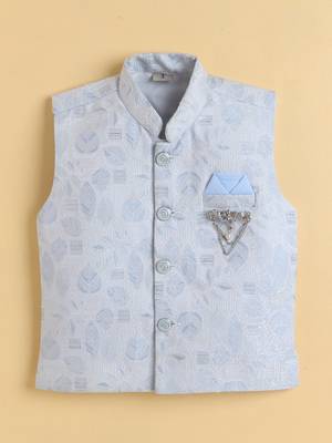 Boys sky blue cotton blend kurta pyjama set with jacquard leaf pattern waistcoat 3