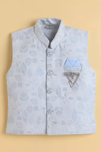 Boys sky blue cotton blend kurta pyjama set with jacquard leaf pattern waistcoat