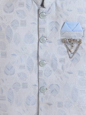 Boys sky blue cotton blend kurta pyjama set with jacquard leaf pattern waistcoat 4