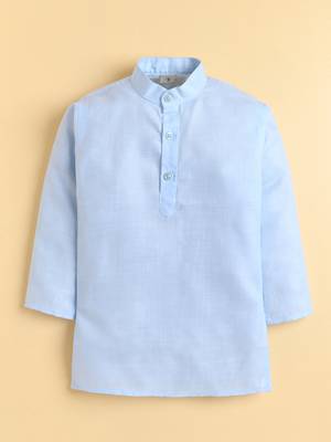 Boys sky blue cotton blend kurta pyjama set with jacquard leaf pattern waistcoat 5