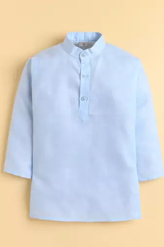 Boys sky blue cotton blend kurta pyjama set with jacquard leaf pattern waistcoat