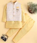 Boys yellow cotton blend kurta pyjama set with jacquard leaf pattern waistcoat