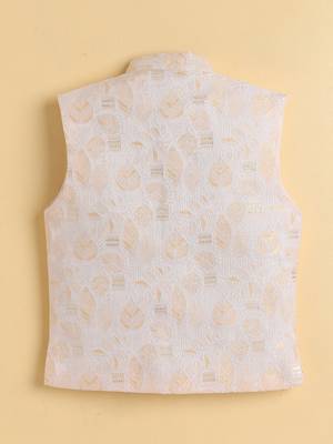 Boys yellow cotton blend kurta pyjama set with jacquard leaf pattern waistcoat 2