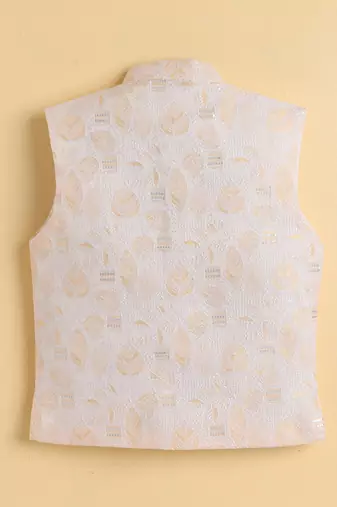 Boys yellow cotton blend kurta pyjama set with jacquard leaf pattern waistcoat