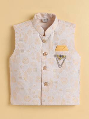 Boys yellow cotton blend kurta pyjama set with jacquard leaf pattern waistcoat 3