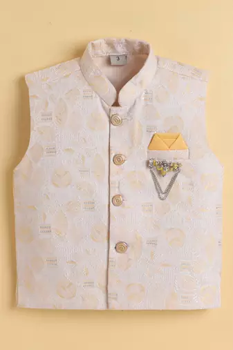 Boys yellow cotton blend kurta pyjama set with jacquard leaf pattern waistcoat
