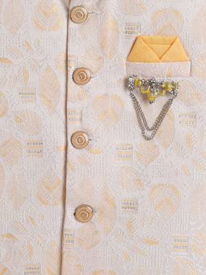 Boys yellow cotton blend kurta pyjama set with jacquard leaf pattern waistcoat 4