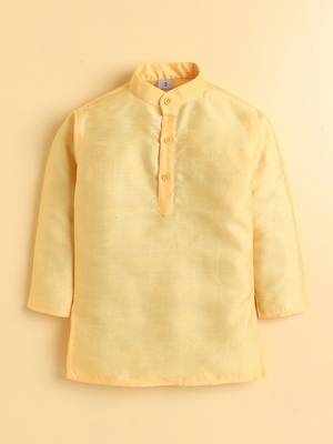 Boys yellow cotton blend kurta pyjama set with jacquard leaf pattern waistcoat 5