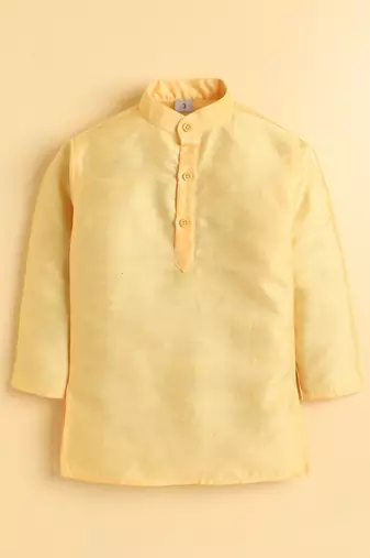 Boys yellow cotton blend kurta pyjama set with jacquard leaf pattern waistcoat