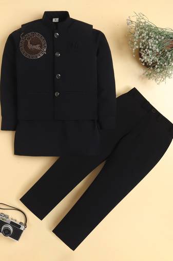 Boys black lachka kurta pyjama set with stone embellished geometric medallion waistcoat