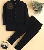 Boys black lachka kurta pyjama set with stone embellished geometric medallion waistcoat