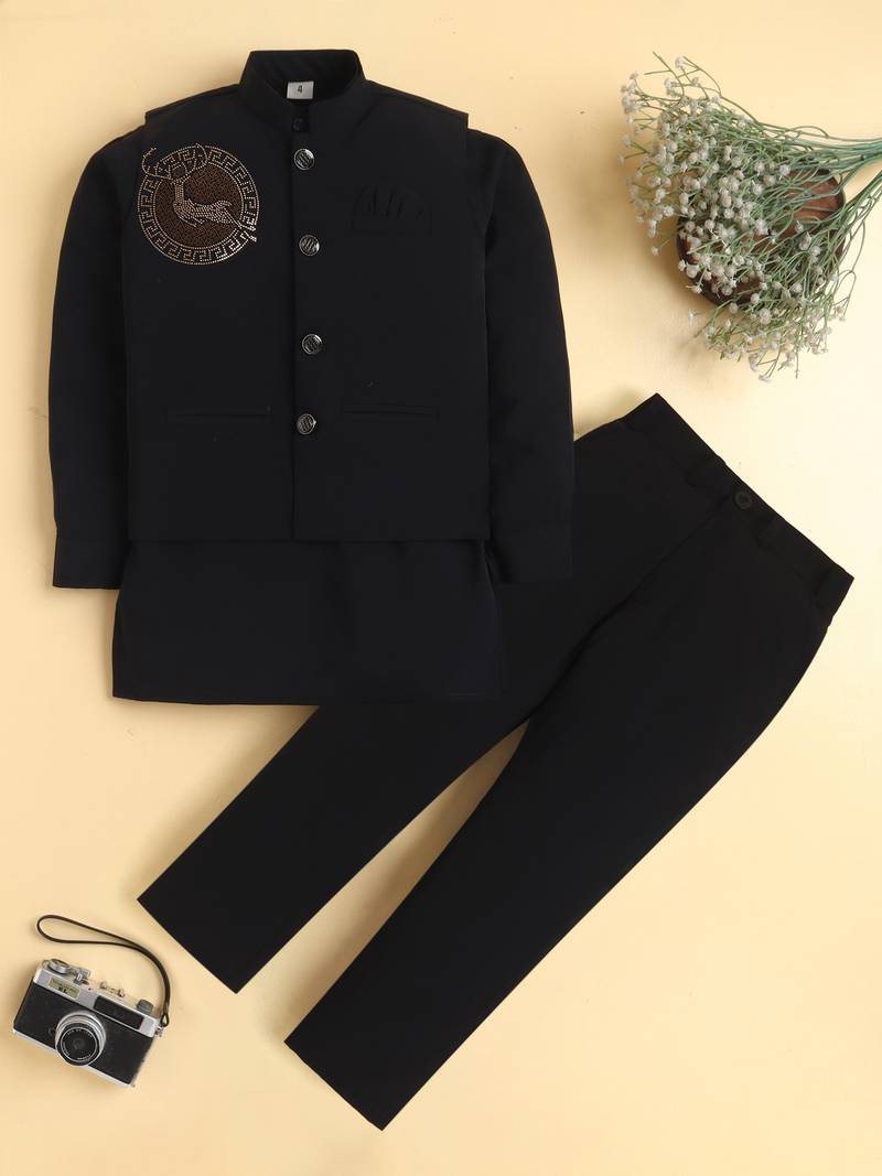 Boys black lachka kurta pyjama set with stone embellished geometric medallion waistcoat