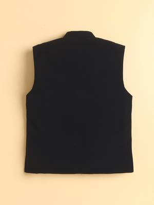 Boys black lachka kurta pyjama set with stone embellished geometric medallion waistcoat 2