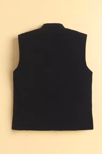 Boys black lachka kurta pyjama set with stone embellished geometric medallion waistcoat