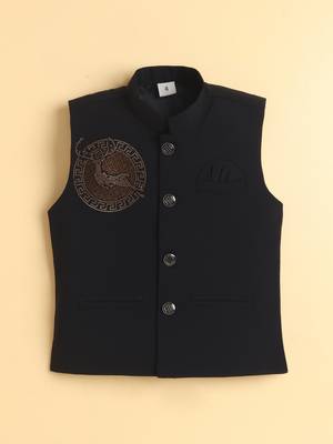 Boys black lachka kurta pyjama set with stone embellished geometric medallion waistcoat 3