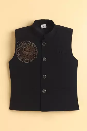 Boys black lachka kurta pyjama set with stone embellished geometric medallion waistcoat