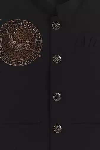 Boys black lachka kurta pyjama set with stone embellished geometric medallion waistcoat