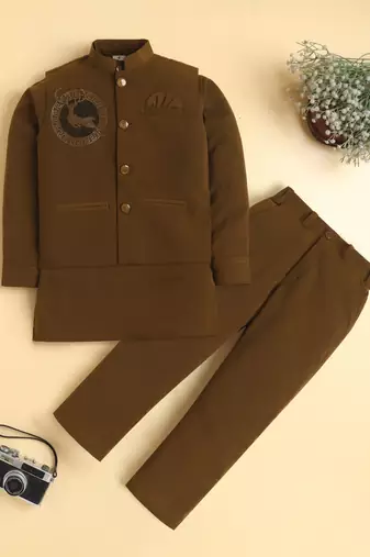 Boys brown lachka kurta pyjama set with stone embellished geometric medallion waistcoat