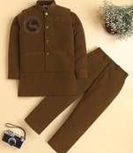 Boys brown lachka kurta pyjama set with stone embellished geometric medallion waistcoat