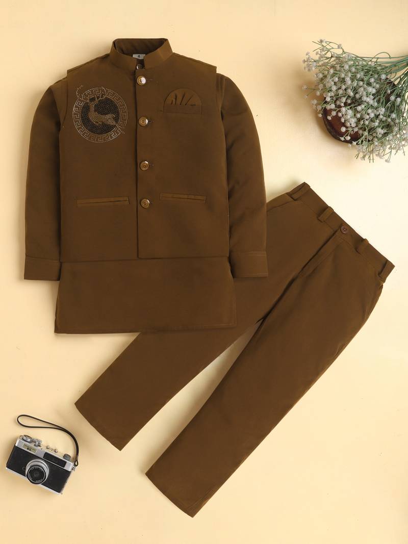 Boys brown lachka kurta pyjama set with stone embellished geometric medallion waistcoat