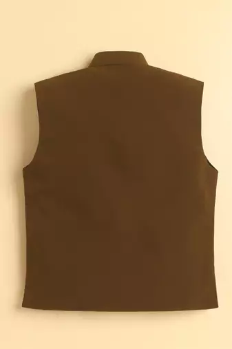Boys brown lachka kurta pyjama set with stone embellished geometric medallion waistcoat