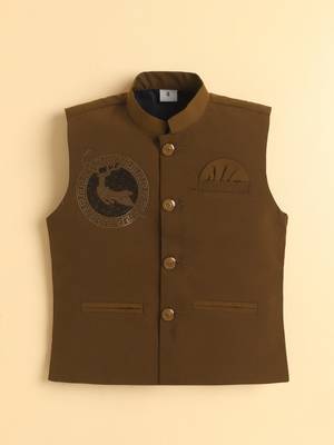 Boys brown lachka kurta pyjama set with stone embellished geometric medallion waistcoat 3