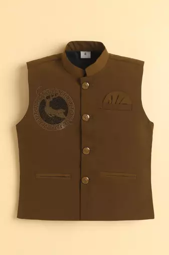 Boys brown lachka kurta pyjama set with stone embellished geometric medallion waistcoat