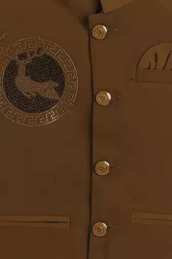 Boys brown lachka kurta pyjama set with stone embellished geometric medallion waistcoat