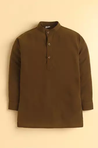 Boys brown lachka kurta pyjama set with stone embellished geometric medallion waistcoat