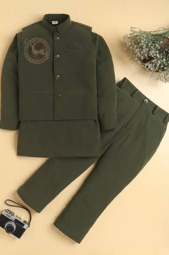Boys olive lachka kurta pyjama set with stone embellished geometric medallion waistcoat