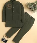Boys olive lachka kurta pyjama set with stone embellished geometric medallion waistcoat