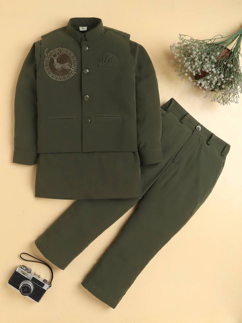 Boys olive lachka kurta pyjama set with stone embellished geometric medallion waistcoat