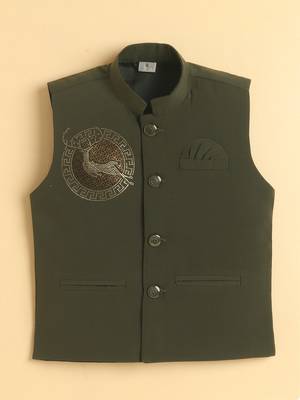 Boys olive lachka kurta pyjama set with stone embellished geometric medallion waistcoat 3